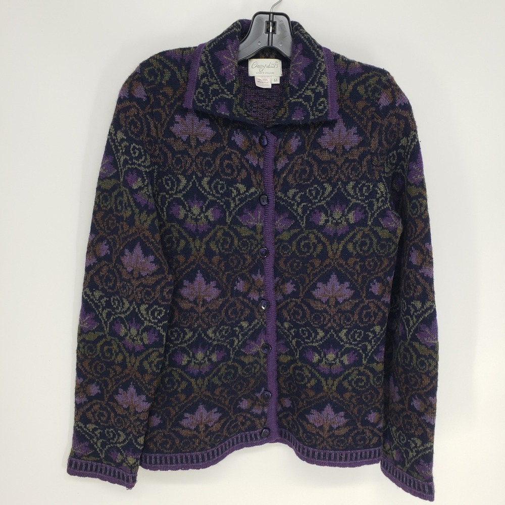 Cherry Lewis Floral Damask Wool Blend Cardigan Sweater Womens M Purple Vintage
